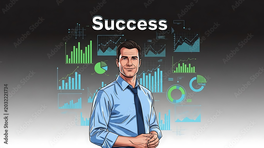 Naklejka premium Businessman standing before floating success business charts isolated on a transparent background