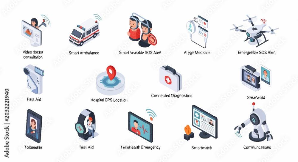 Fototapeta premium Collection of isometric icons representing modern healthcare technology and digital medical services.