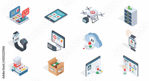 Isometric icons representing modern healthcare technology and digital medical services.