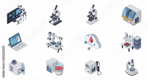 Collection of isometric icons representing scientific research and laboratory equipment, including microscopes, robots, and medical technology.