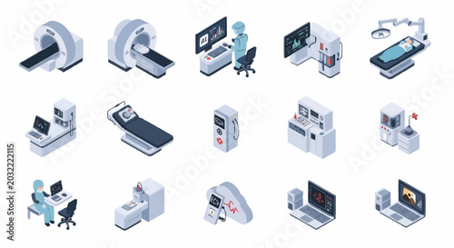Vászonkép Collection of isometric medical equipment and technology icons for healthcare and diagnostics