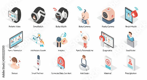 Set of isometric icons representing modern healthcare and medical technology concepts.