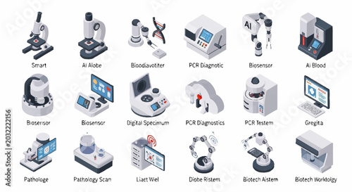 Photos Collection of isometric icons representing modern laboratory equipment and scientific instruments for research and diagnostics
