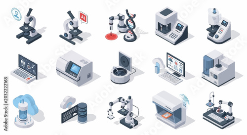 Collection of isometric scientific laboratory equipment and technology, including microscopes, centrifuges, and robotic arms.
