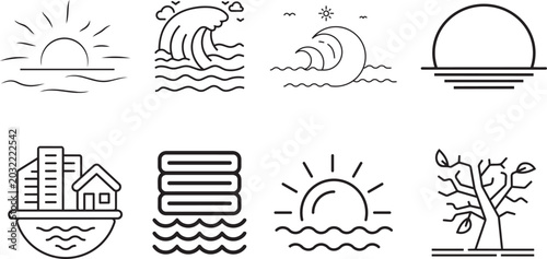 Photos Set of Weather Icons: A collection of minimalist line art icons depicting various weather phenomena and natural elements, including sun, waves, a city, and a tree