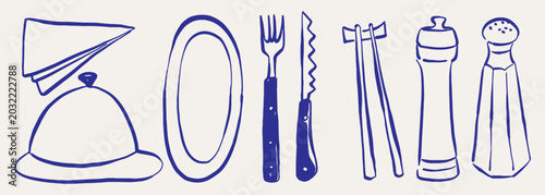 Foto Serving utensils food covers, napkins, plates, knives, forks, chopsticks, salt and pepper shakers
