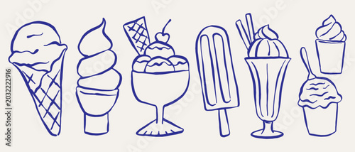 Many types of ice cream parfaits, ice cream cones, ice cream cups, ice cream bars. set Doodle Sketch Vector ink style.