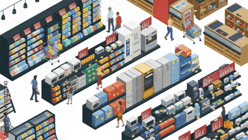 Schilderij op canvas Isometric vector illustration of modern grocery store with shopping carts and cu