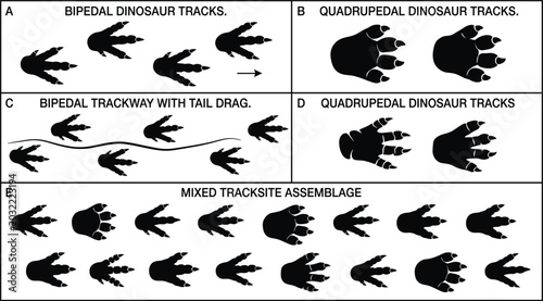 Bilde på lerret An abstract illustration of bipedal and quadrupedal dinosaur tracks, prehistoric footprints, a tail drag trackway, and a mixed tracksite assemblage