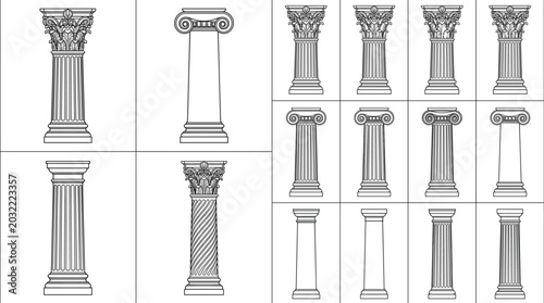 Obraz na płótnie Classical Greek Roman Architectural Columns Set with Corinthian Ionic Doric Capi