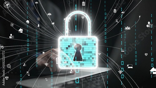 Photos Concept of digital security featuring a padlock and flowing data, representing the importance of cyber security in protecting online information and technology