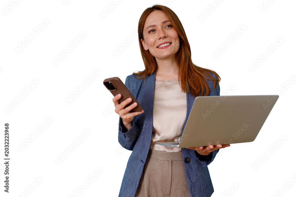 Naklejka premium Businesswoman standing, balancing laptop and smartphone, performing efficient multitasking for work success, transparent background