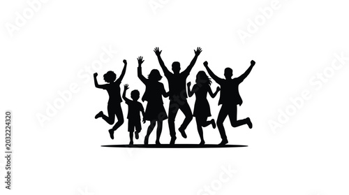 Joyful group silhouette celebrating friends and family jumping with arms raised in unity