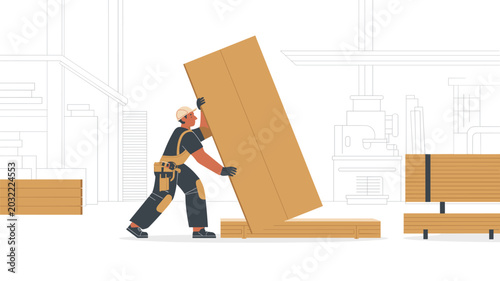 A construction worker wearing a tool belt pushes a large wooden sheet towards a pile in a workshop featuring technical outline illustrations in the background.