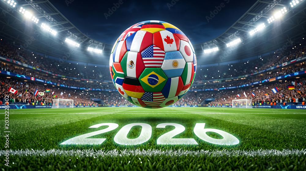 Fototapeta premium 2026 world cup soccer ball with international flags in stadium