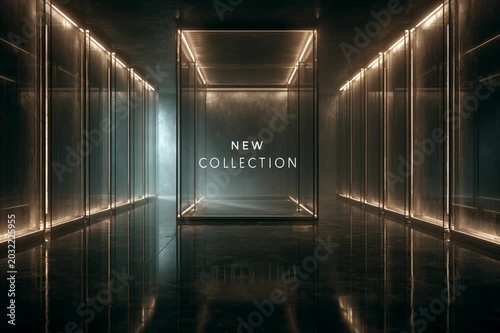 Fashion retail environment with moving shadows and reflective surfaces, centered typography reading “NEW COLLECTION,” cinematic, high-detail, sleek, and visually striking commercial scene.