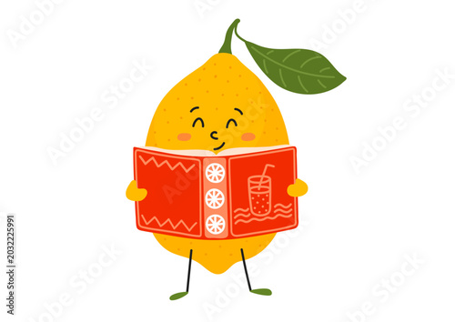 Cute lemon reading book hand drawn illustration. Smart citrus fruit character for children education, cooking and farming design.