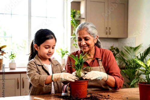 Intergenerational Gardening: A young girl and her grandmother, connected by shared joy and a love for nature, plant a small green sprout in a pot, fostering growth and nurturing life together.