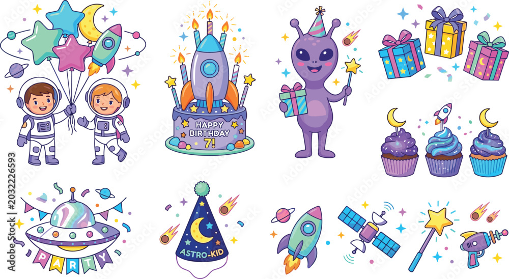 Obraz premium Kawaii Outer Space Birthday Party Vector Set Featuring Astronaut Kids Rocket Cake Alien Character and Galaxy Themed Decorations for Childrens Celebration Graphics