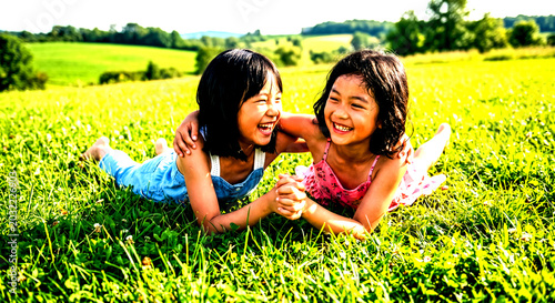 Best Friends in the Meadow: Two young girls share a moment of pure joy and laughter, lying together in a sun-drenched meadow, their arms around each other.