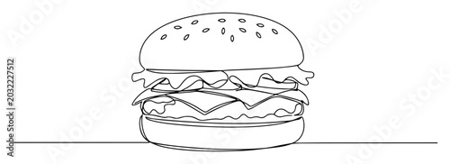 burger sandwich sketch of a thin one line in the style of a black vector on a white background