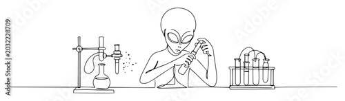 Photos alien doing science experiment in lab outline