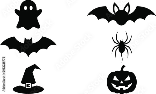Quadro su tela Halloween Silhouette Set Ghost Bats Spider Witch Hat And Jack o lantern