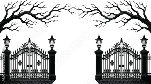 Obraz na płótnie Ornate wrought iron gates with bare branches black and white vector illustration