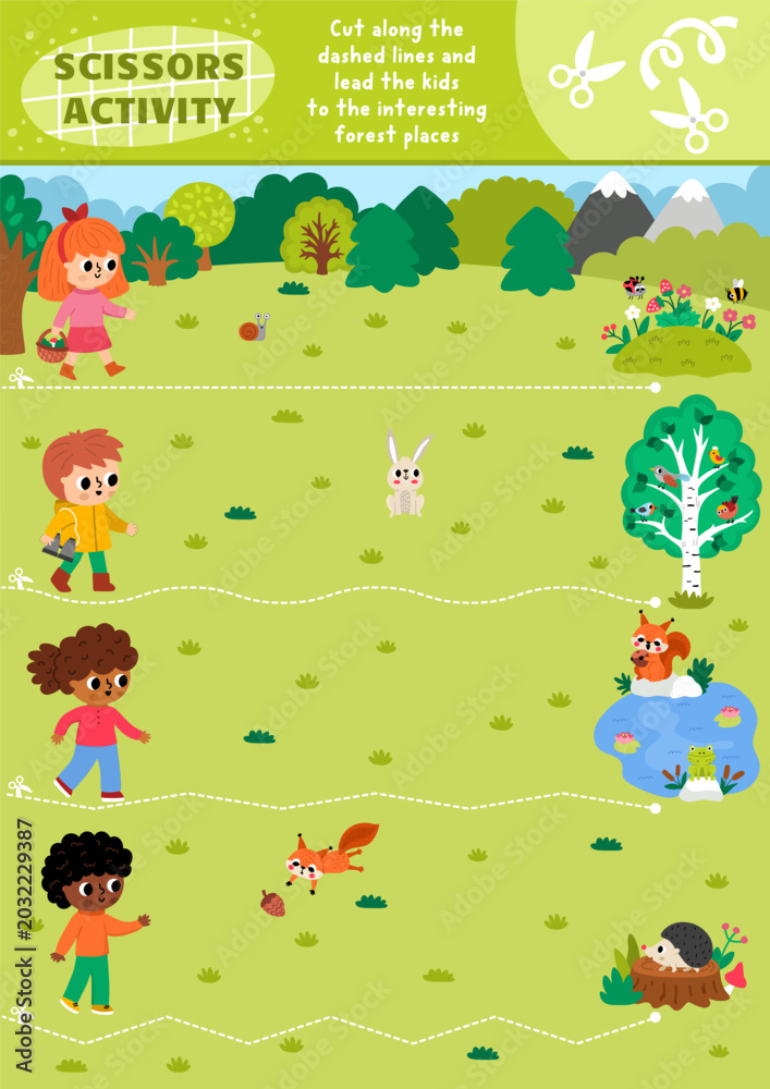 Fototapeta premium Vector forest explorers cutting activity. Scissors practice game with cute woodland landscape and curious kids. Wildlife printable worksheet. Simple snip puzzle for fine motor skills