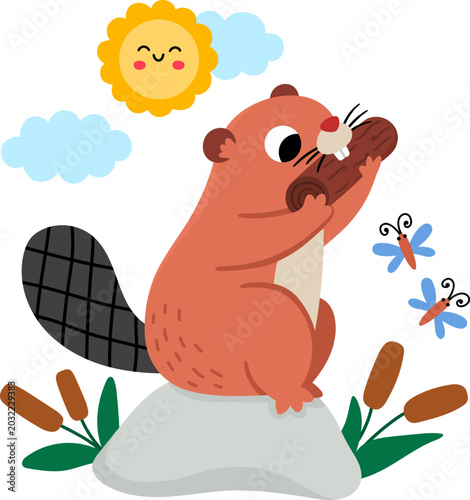 Vector beaver sitting on rock with reeds, eating log. Cute cartoon woodland water scene illustration for kids. Forest animal on natural background. Picture for children