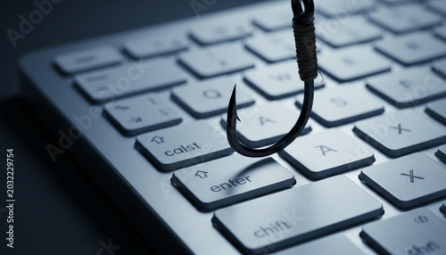 A fishing hook hovers above a computer keyboard, symbolizing digital danger and cyber threat, representing vulnerability in the online world