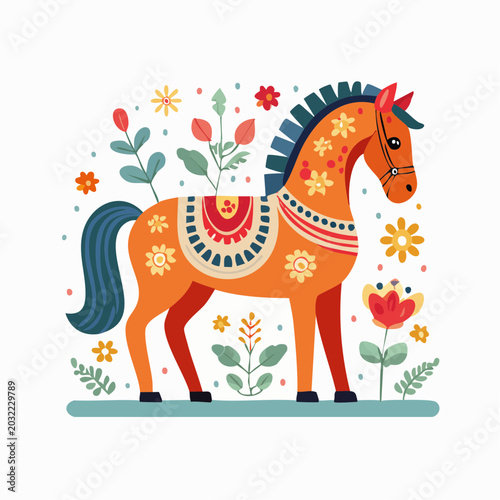 Stylized Horse Illustration with Floral Decorations