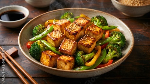 Healthy Tofu Stir-Fry with Broccoli and Bell Peppers in a Bowl, Steaming Hot Asian Food