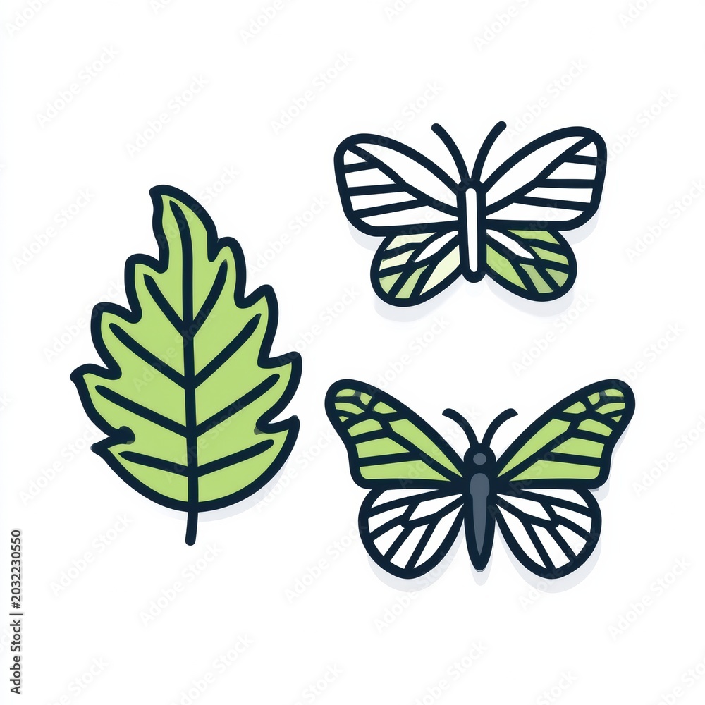 Fototapeta premium Icons depict a leaf and two butterflies in a simple two-tone style. The designs feature dark outlines with lime green details.