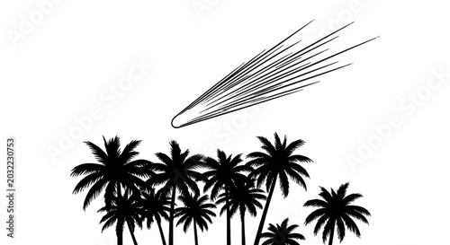 Принти на полотні Comet streaking over palm trees line drawing on black background