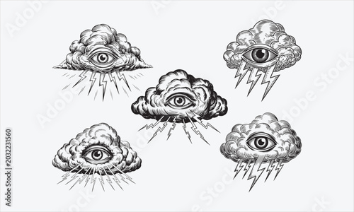 All seeing eye in storm cloud with lightning, vintage engraving style silhouette icon set vector illustration