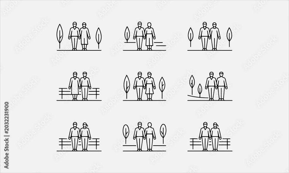 Obraz premium Couple walking in park line sketch line art icon set vector illustration