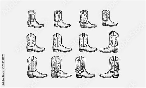 Cowboy boot engraving style black on white line art icon set vector illustration