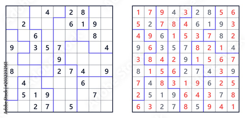 Jigsaw Sudoku puzzle with numbers and highlighted solutions, challenging level