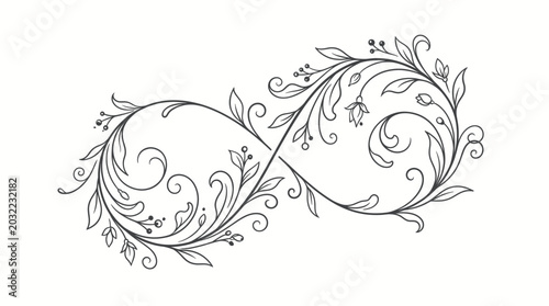 Foto Floral Infinity Symbol: An elegant black and white illustration of an infinity symbol interwoven with delicate floral vines and leaves, representing eternity and nature's endless beauty