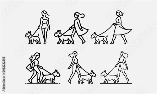 Tableau sur toile Minimalist hand-drawn icon of a stylish woman walking her bull terrier dog line