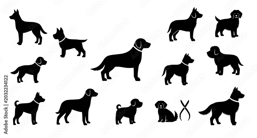 Obraz premium Assorted collection of black dog silhouettes in various breeds and poses on white background featuring canine companions for pet shop and veterinary clinic graphic design assets