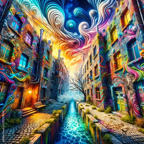 A mesmerizing street scene with swirling patterns on the buildings and a glowing sky. A narrow water channel runs through the center, adding depth.  (Gen, A.I.)
