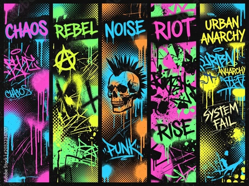 Urban punk textures with neon graffiti and distressed grunge background, featuring rough spray paint, scratch marks, and a halftone dot pattern for a vintage poster. Music and street style design.
