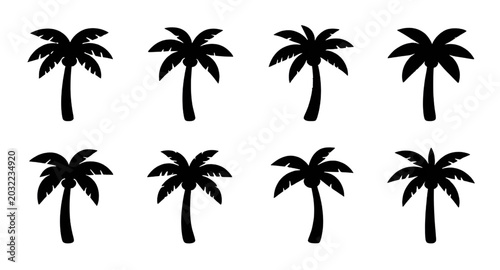 palmtree, silhouette, black, tropical, tree, island, beach, summer, exotic, nature, coconut, vacation, paradise, icon, vector, illustration, isolated