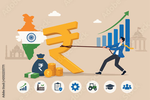 Indian investment opportunity, India economics or financial policy, budget, currency or wages and income concept, success businessman investor pulling large Indian rupee money symbol