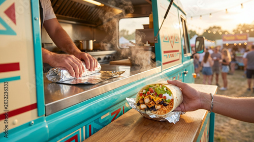 Person receiving burrito wrapped in foil from food truck window at sunset  
