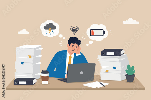 Unhappy employee, dissatisfied work, busy overworked or worried with anxiety depressed, miserable or disappointed career, anxious burnout concept, unhappy office businessman working on upset face