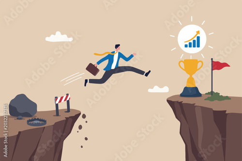 Business challenge, ambition to win competition or better than previous try, effort to achieve target or goal, overcome difficulty concept, businessman with briefcase long jump to winning new record