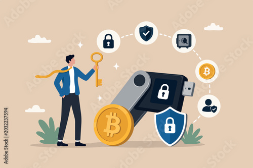 Private key or hardware wallet to store cryptocurrency or Bitcoin, security password safety protection for crypto currency concept, confidence businessman investor holding private key with Bitcoin